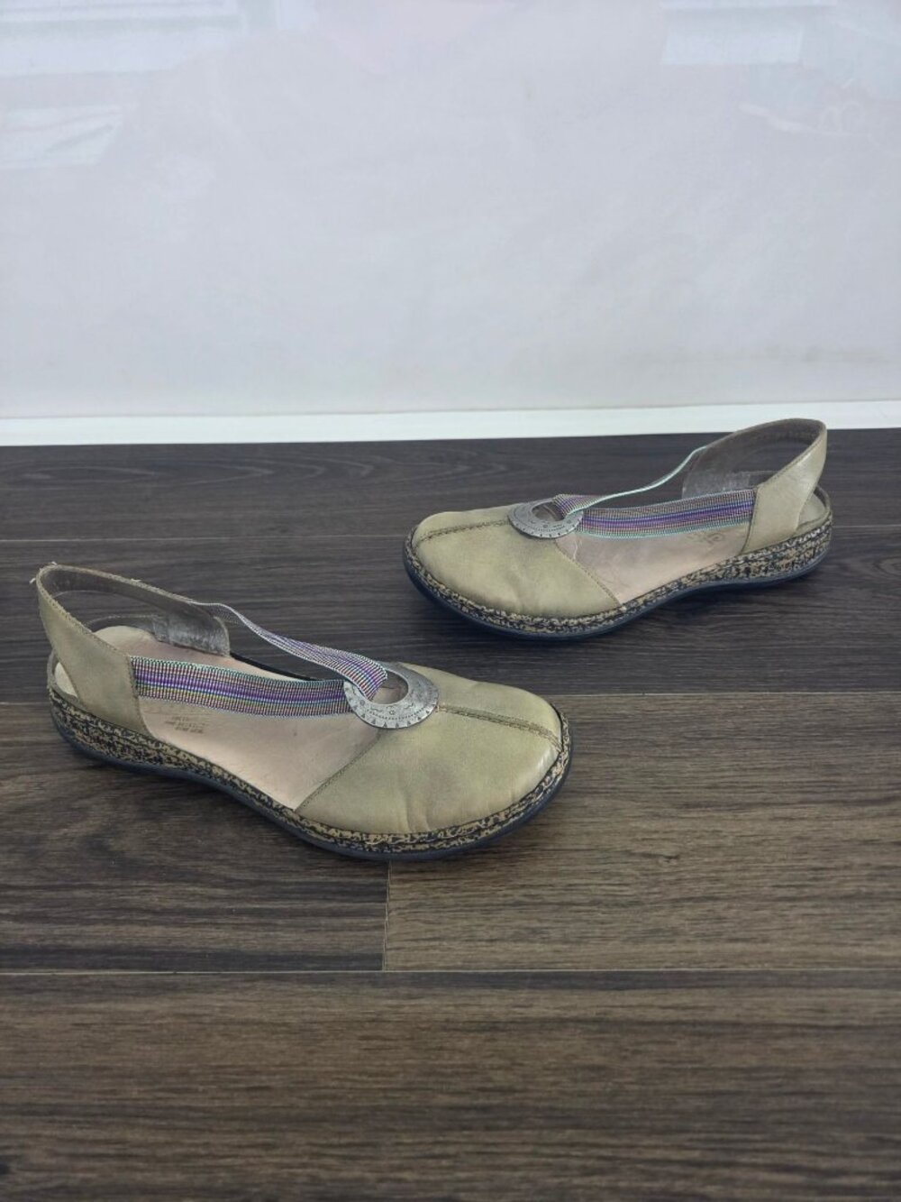 💙 Rieker Leather Mary Jane Slingback Flats Size 10 Olive Green Multicolor Strap